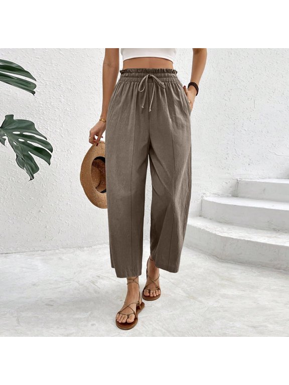 Linen Cropped Pants Women Casual Drawstring Waist Wide Leg Lounge Pants Boho Loose Gauze Pull on Capris with Pockets Brown XL