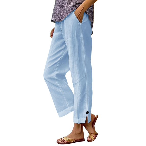 Linen Cropped Pants Women High Waisted Straight Leg Fall Pants for Seniors Casual Loose Long Trouser with Pockets