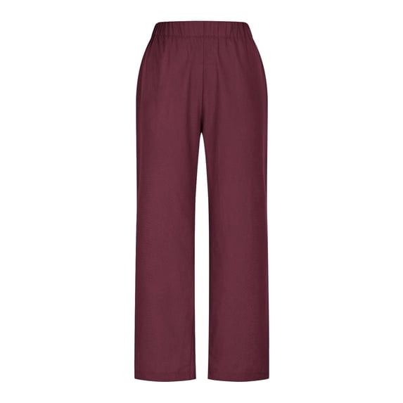 Linen Cropped Pants Women High Waisted Straight Leg Fall Pants for Seniors Casual Loose Long Trouser with Pockets