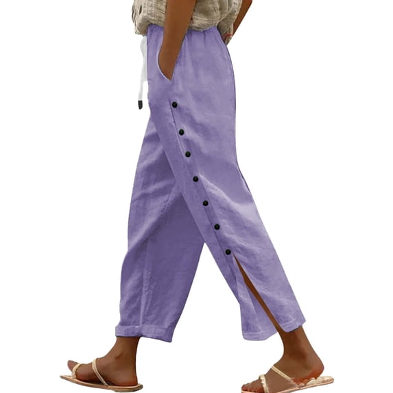 Linen Cropped Pants for Women Side-Buttoned Closure Joggers Side Slit Pants Capris Pants Muslin Pants Soft Comfy Long Lounge Pants Straight Leg Office Dress Work Slacks High Waisted Drawstring