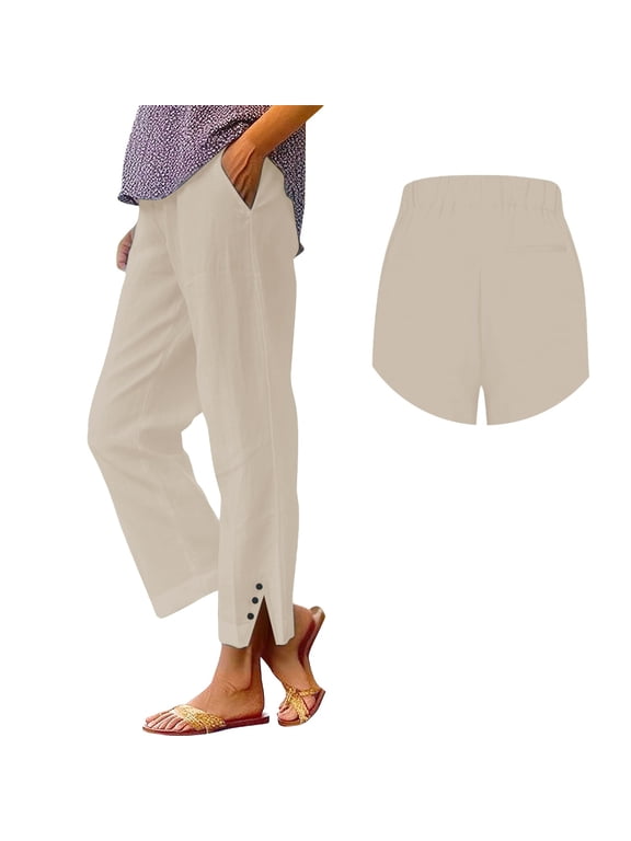 Linen Cropped Pants Women Tapered Pants High Waisted Drawstring Pant Capris Trousers Straight Leg Pants Split Hem Pants Solid Color Slacks Summer Capris Pants Loose Comfy Capri Pants Long Pant