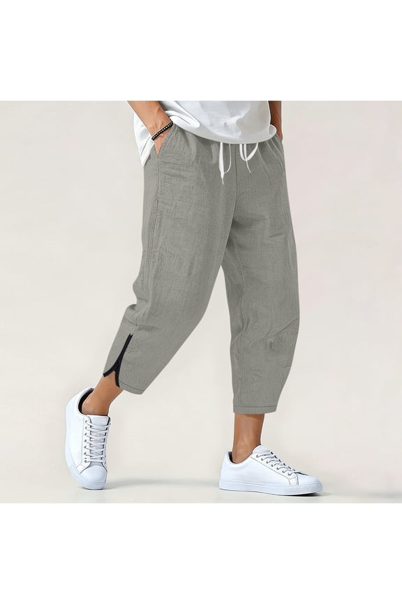 Linen Cropped Pants for Men Elastic Waist Drawstring Harem Trousers Lightweight Breathable Tapered Bottoms Zipper Detail Summer Beachwear
