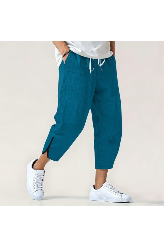Linen Cropped Pants for Men Elastic Waist Drawstring Harem Trousers Lightweight Breathable Tapered Bottoms Zipper Detail Summer Beachwear