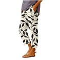 thumbnail image 1 of Linen Cropped Pants for Women Casual Wide Leg Plaid Capris with Pockets Elastic Waist Lounge Trousers Beige, M, 1 of 5