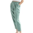 thumbnail image 1 of Linen Cropped Pants for Women Elastic Waist Solid Color Casual Straight Leg Lounge Trousers with Pockets, 1 of 8
