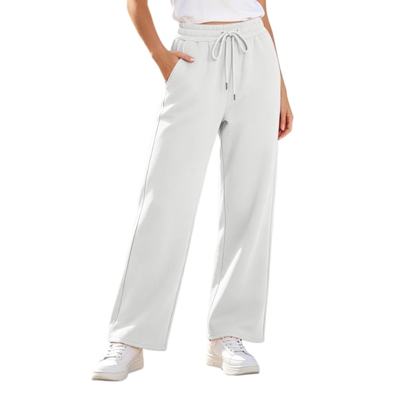 Annhoo Womens Baggy Sweatpants Elastic Waist with Drawstring and Side Pockets Causal Wide Leg Workout White Pants