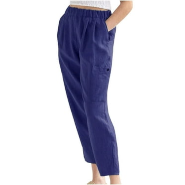 Linen Cropped Pants for Women Elastic Waist Solid Color Casual Straight Leg Lounge Trousers with Pockets