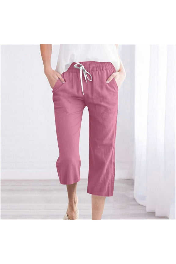 Linen Cropped Pants for Women High Waisted Loose Capri Pants with Pockets Elastic Waist Drawstring Pants Casual Straight Cropped Trousers