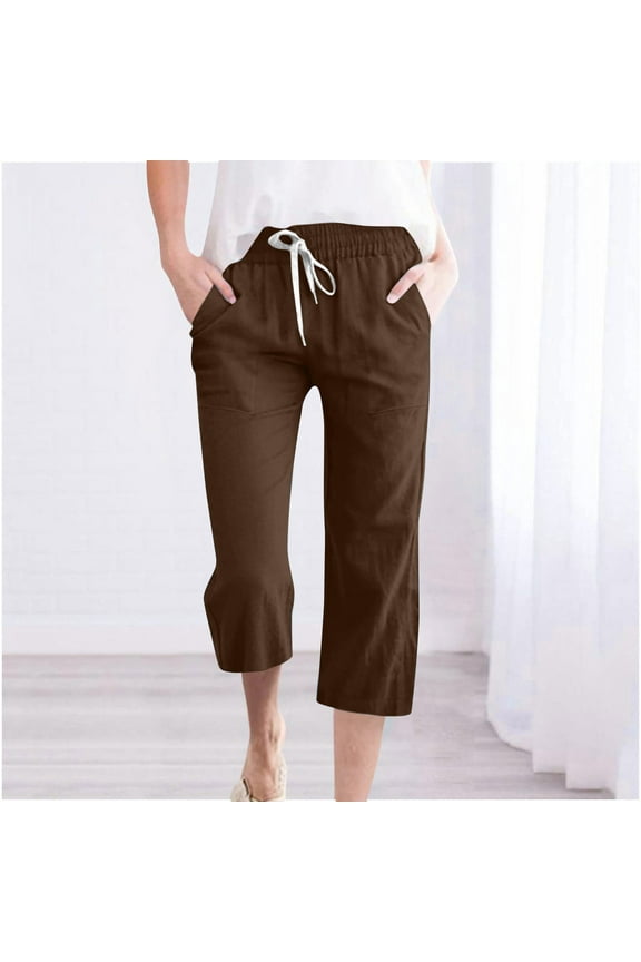 Linen Cropped Pants for Women High Waisted Loose Capri Pants with Pockets Elastic Waist Drawstring Pants Casual Straight Cropped Trousers