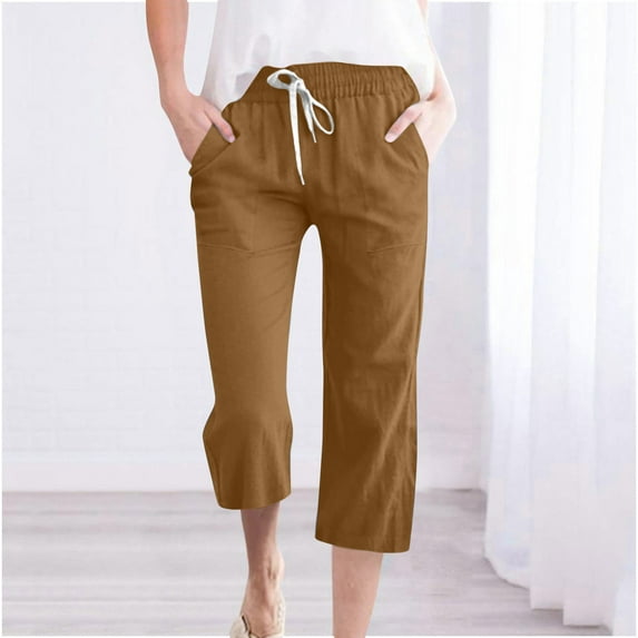 Linen Cropped Pants for Women High Waisted Loose Capri Pants with Pockets Elastic Waist Drawstring Pants Casual Straight Cropped Trousers