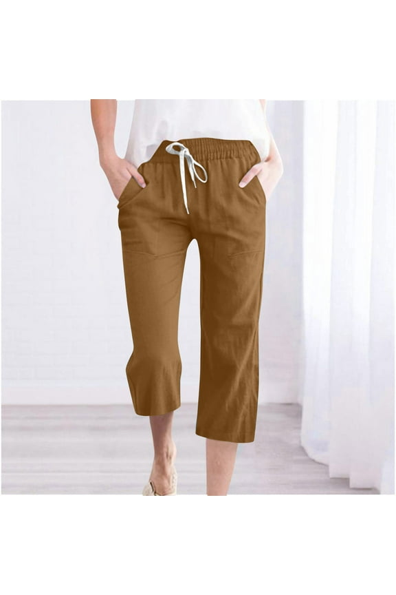 Linen Cropped Pants for Women High Waisted Loose Capri Pants with Pockets Elastic Waist Drawstring Pants Casual Straight Cropped Trousers