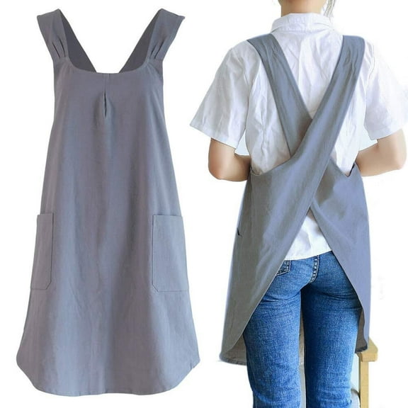 Linen Cross Back Kitchen Apron with Pockets  Cute, suitable for baking, painting, gardening, cleaning Grey