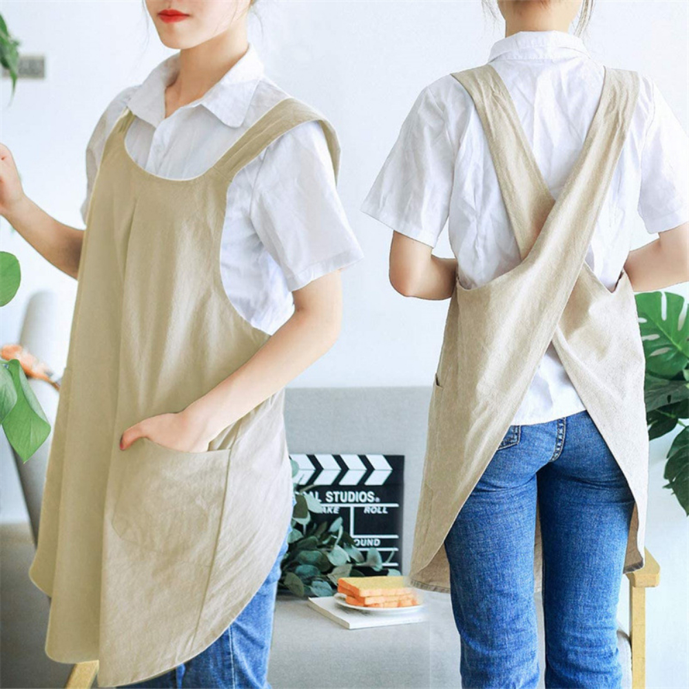 Linen Cross Back Kitchen Cooking Aprons for Women with Pockets Cute for ...