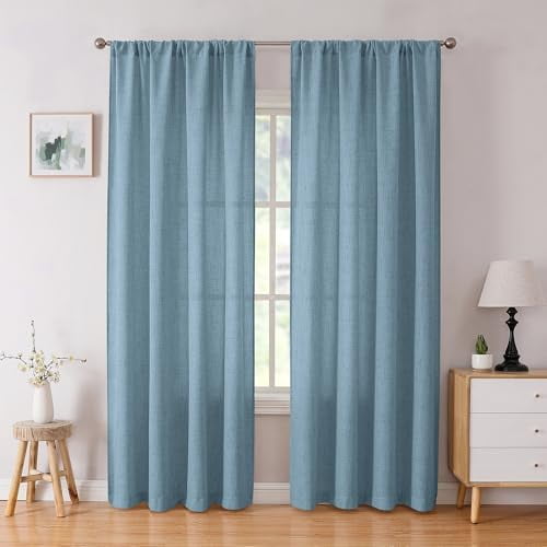 Linen Curtain Living Room Rod Pocket Semi Sheer Curtains Burlap Light Filtering Thick Linen Drape for Bedroom, 54 x 72 inches Long, Dusty Blue, Set of 2 Panels