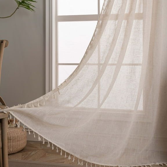 Linen Curtain for Bedroom Living Room, Rod Pocket Rustic Farmhouse Bohemian Tassels Window Treatment, 1 Panel