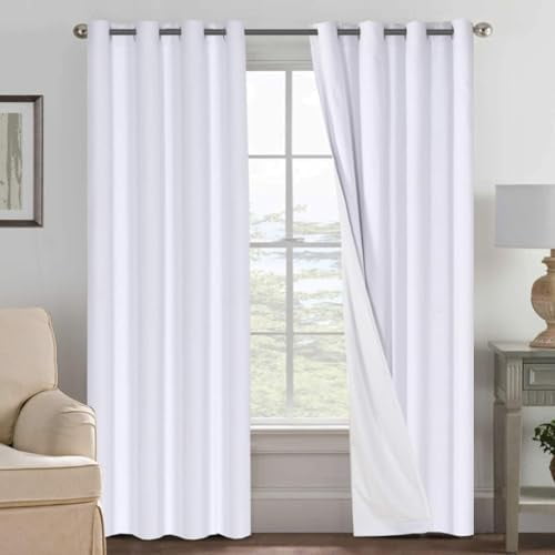 Linen Curtains 100% Blackout Curtains for Bedroom 102 inch Long Full Light Blocking Nature Linen Blended Window Curtains for Living Room Nickel Grommet (2 Panels, Bright White)