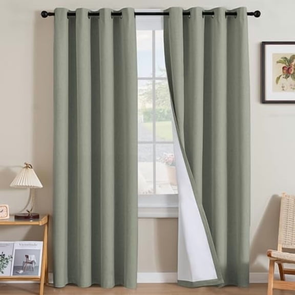 Linen Curtains 100% Blackout Curtains for Bedroom 102 inch Long Full Light Blocking Nature Linen Blended Window Curtains for Living Room Nickel Grommet (2 Panels, Heathered Dried Sage)