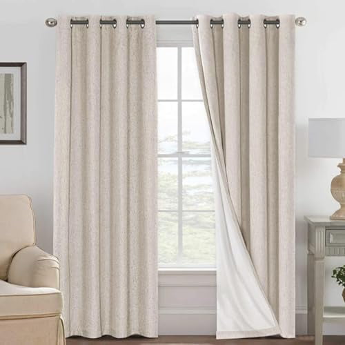 Linen Curtains 100% Blackout Curtains for Bedroom 102 inch Long Full Light Blocking Nature Linen Blended Window Curtains for Living Room Nickel Grommet (2 Panels, Natural)