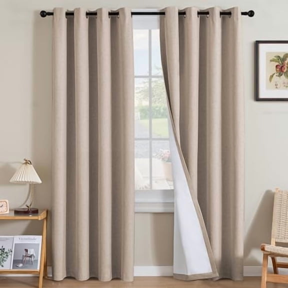 Linen Curtains 100% Blackout Curtains for Bedroom 108 inch Long Full Light Blocking Nature Linen Blended Window Curtains for Living Room Nickel Grommet (2 Panels, Heathered Sand)