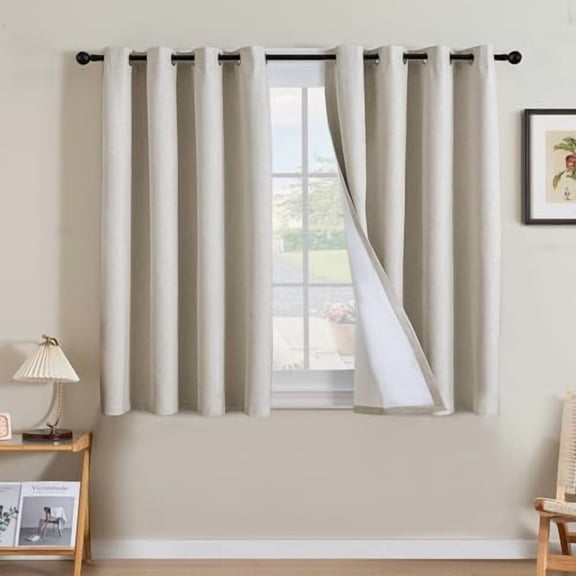 Linen Curtains 100% Blackout Curtains for Bedroom 45 inch Long Full Light Blocking Nature Linen Blended Window Curtains for Living Room Nickel Grommet (2 Panels, Heathered Linen)