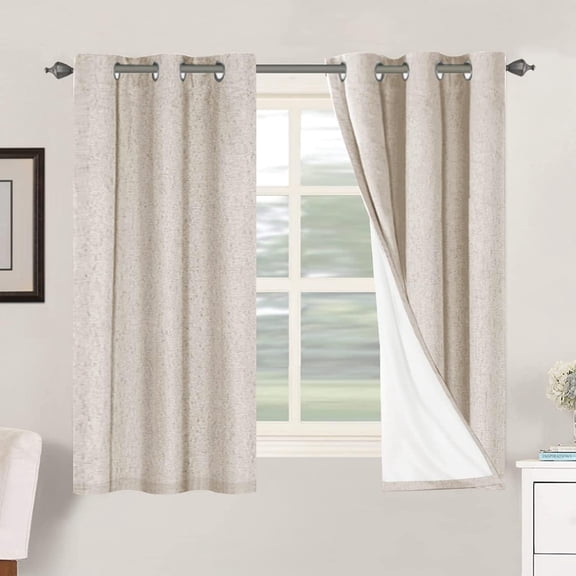 Linen Curtains 100% Blackout Curtains for Bedroom 63 inch Long Full Light Blocking Nature Linen Blended Window Curtains for Living Room Nickel Grommet (2 Panels, Heathered White)