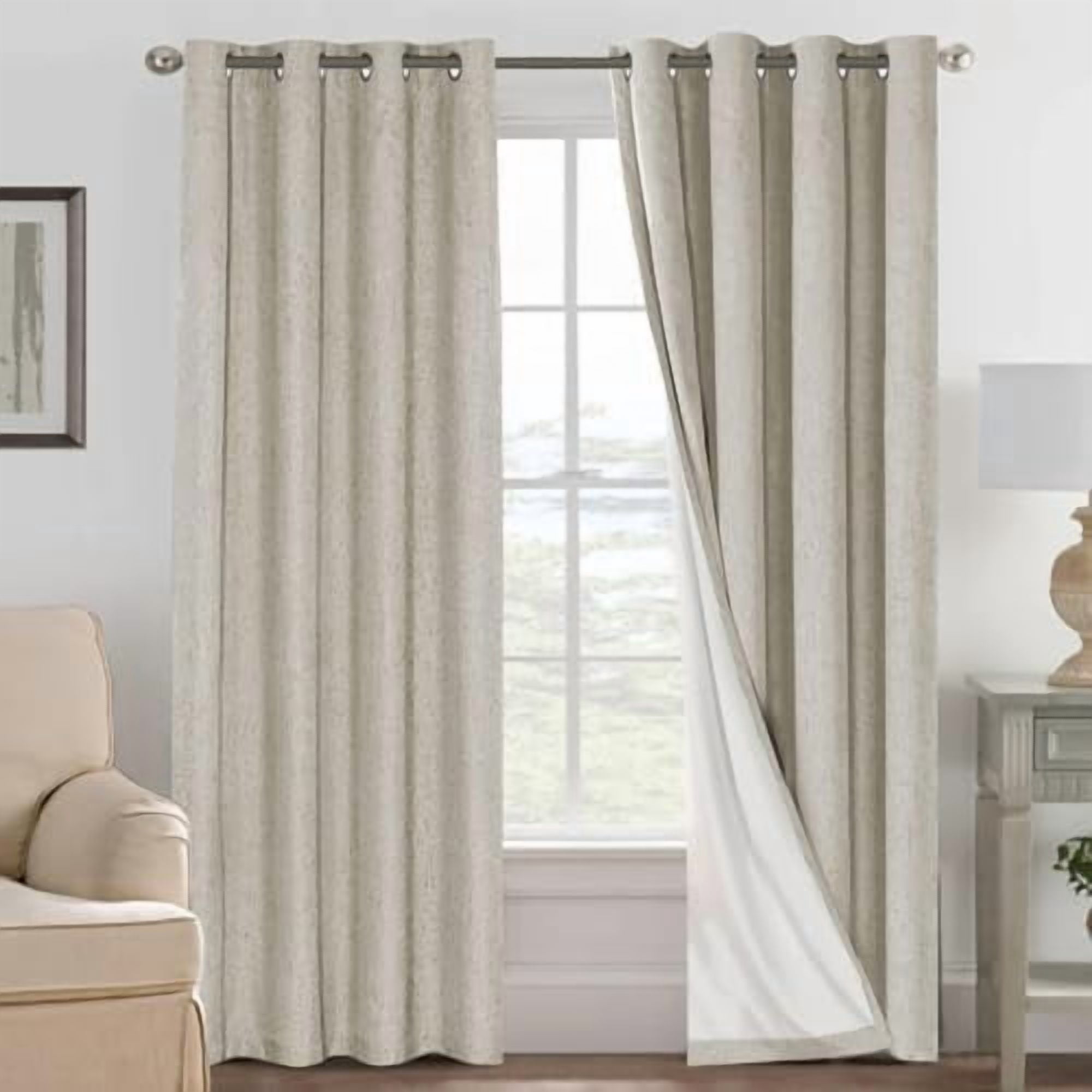 Linen Curtains 100% Blackout Curtains for Bedroom 90 inch Long Full Light Blocking Nature Linen Blended Window Curtains for Living Room Nickel Grommet (2 Panels, Cobblestone)