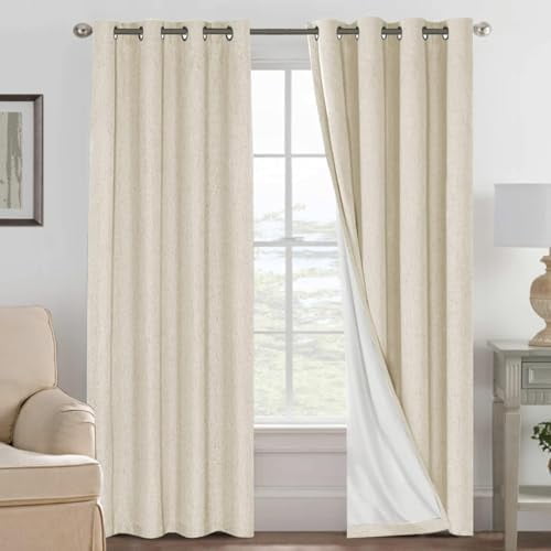 Linen Curtains 100% Blackout Curtains for Bedroom 90 inch Long Full Light Blocking Nature Linen Blended Window Curtains for Living Room Nickel Grommet (2 Panels, Bleached Sand)
