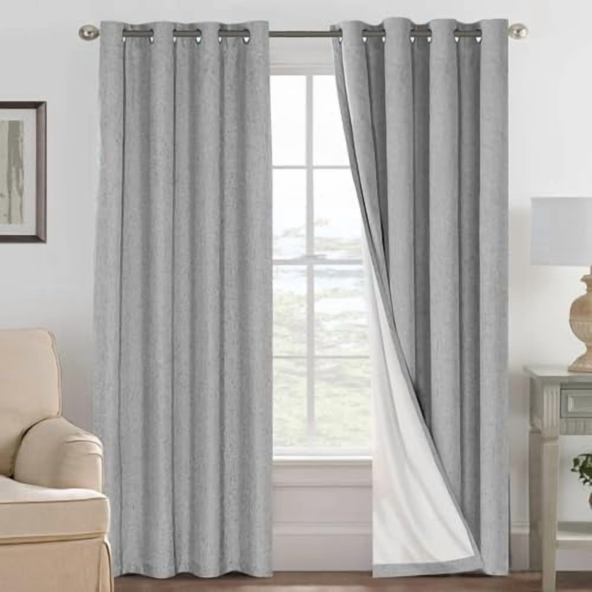 Linen Curtains 100% Blackout Curtains for Bedroom 90 inch Long Full Light Blocking Nature Linen Blended Window Curtains for Living Room Nickel Grommet (2 Panels, Dove Gray)