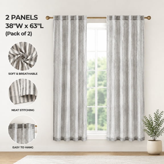 Linen Curtains 63" Charcoal Grey Stripe on Beige 2 Panels Back Tab Window Treatment