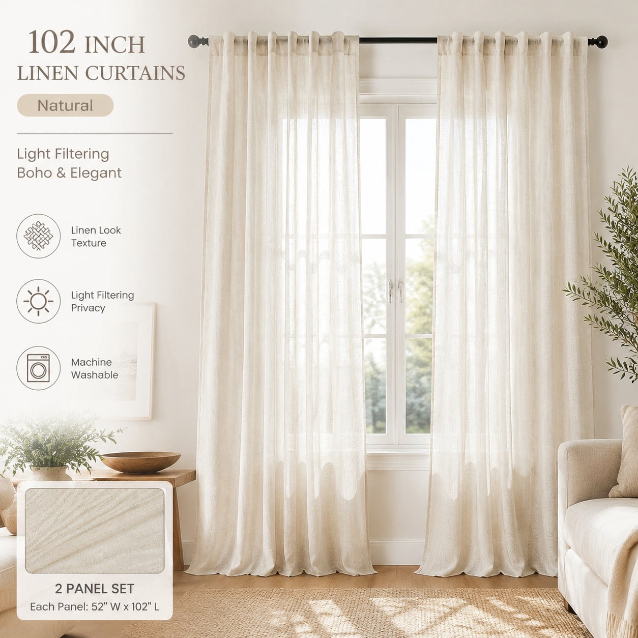 Linen Curtains 84 Inch Back Tab Semi Sheer Rustic Boho Lightweight ...