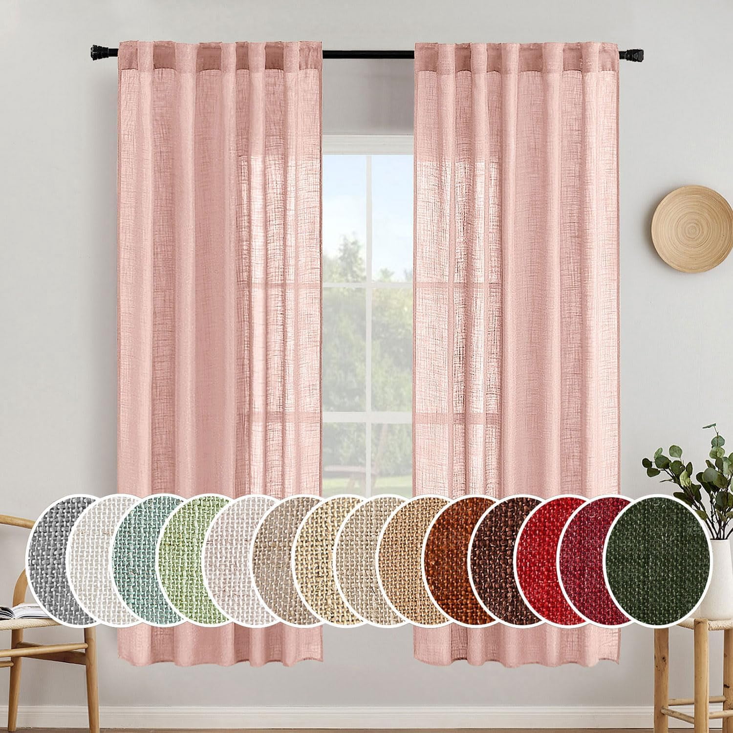 Linen Curtains 84 Inch Length 2 Panels for Bedroom Living Room, Soft Thick Linen Textured Back Tab Window Drapes Semi Sheer Light Filtering Rod Pocket Modern Farmhouse Decor