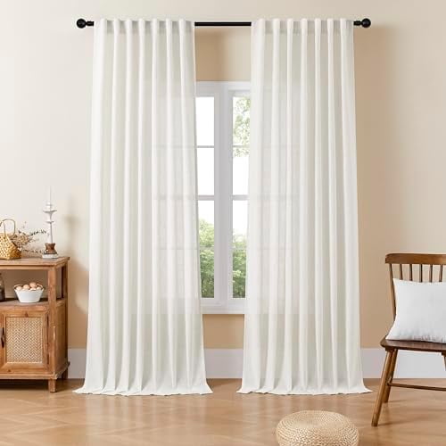 Linen Curtains 84 Inch Length 2 Panels Set for Living Room, Light Filtering Drapes 37 Inch Width for Bedroom with Back Tab and Rod Pocket (37x84 inch)