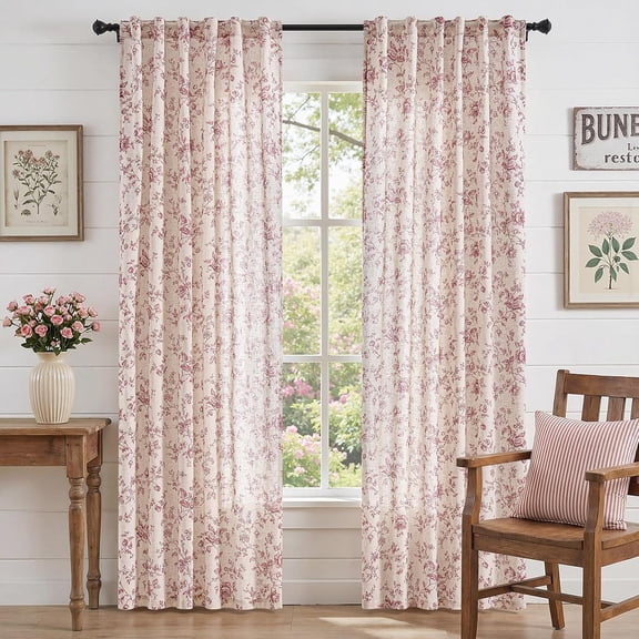Linen Curtains 84 inch Maroon Floral Farmhouse Rod Pocket 2 Panels | Curtains for Living Room Bedroom,Country Decor Drapes,Amlie Floral Pattern,Rod Pocket Window Treatment,Rustic,Light Filtering