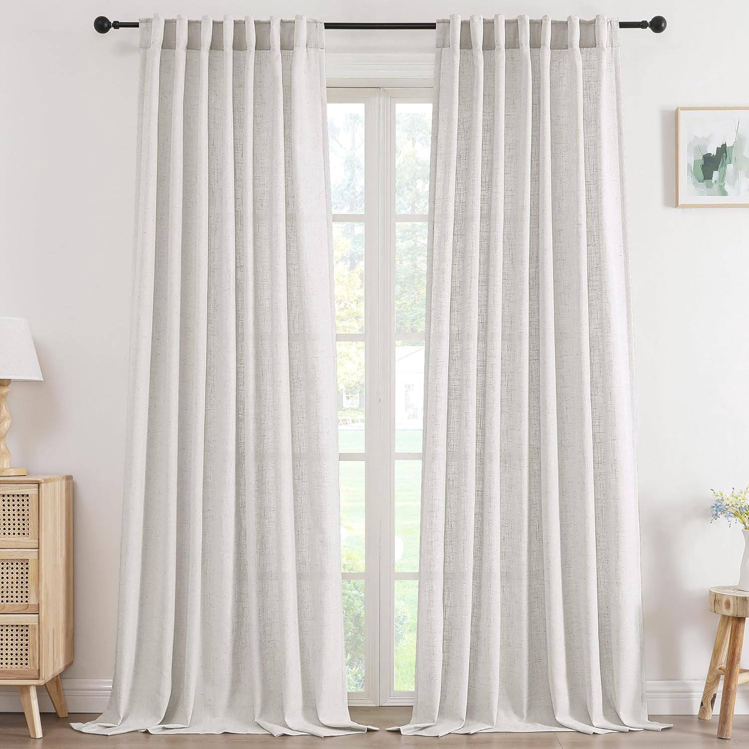 Linen Curtains 96 Inch Length 2 Panels Set, Semi Sheer Light Filtering Curtain Rod Pocket Back Tab, Pinch Pleated Farmhouse Drapes for Living Room, 52x96 Natural White with Brownish Linen