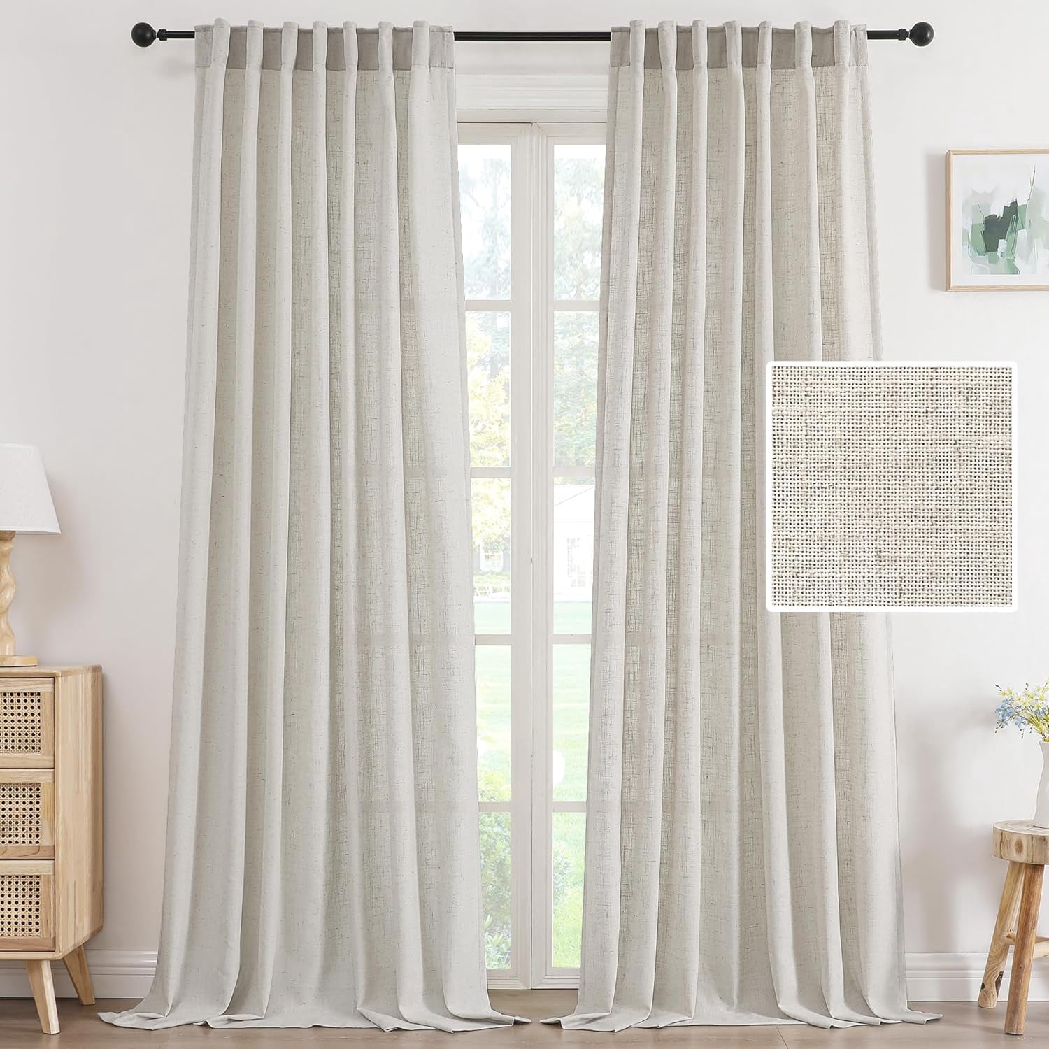 Linen Curtains 96 Inch Length 2 Panels Set, Soft Thick Window Drapes Semi Sheer Light Filtering Rod Pocket Back Tab, Pinch Pleated Treatments Neutral Farmhouse Living Room, 52x96-Pale Oak