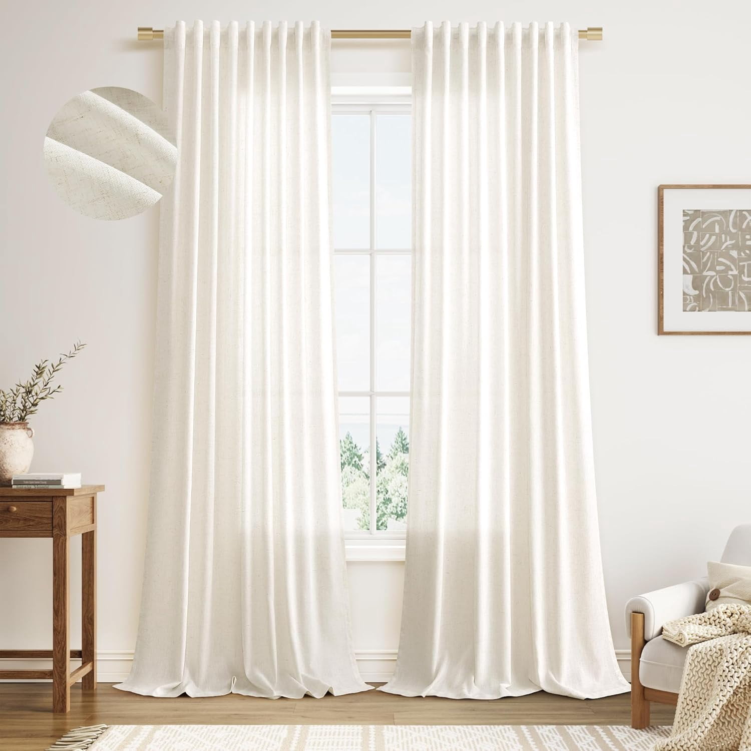 Linen Curtains 96 Inches Long for Living Room 2 Panels Back Tab Modern Farmhouse Light Filtering Soft Linen Draperies Privacy Boho Long Curtains for Bedroom Dining Ivory Cream W52 x L96