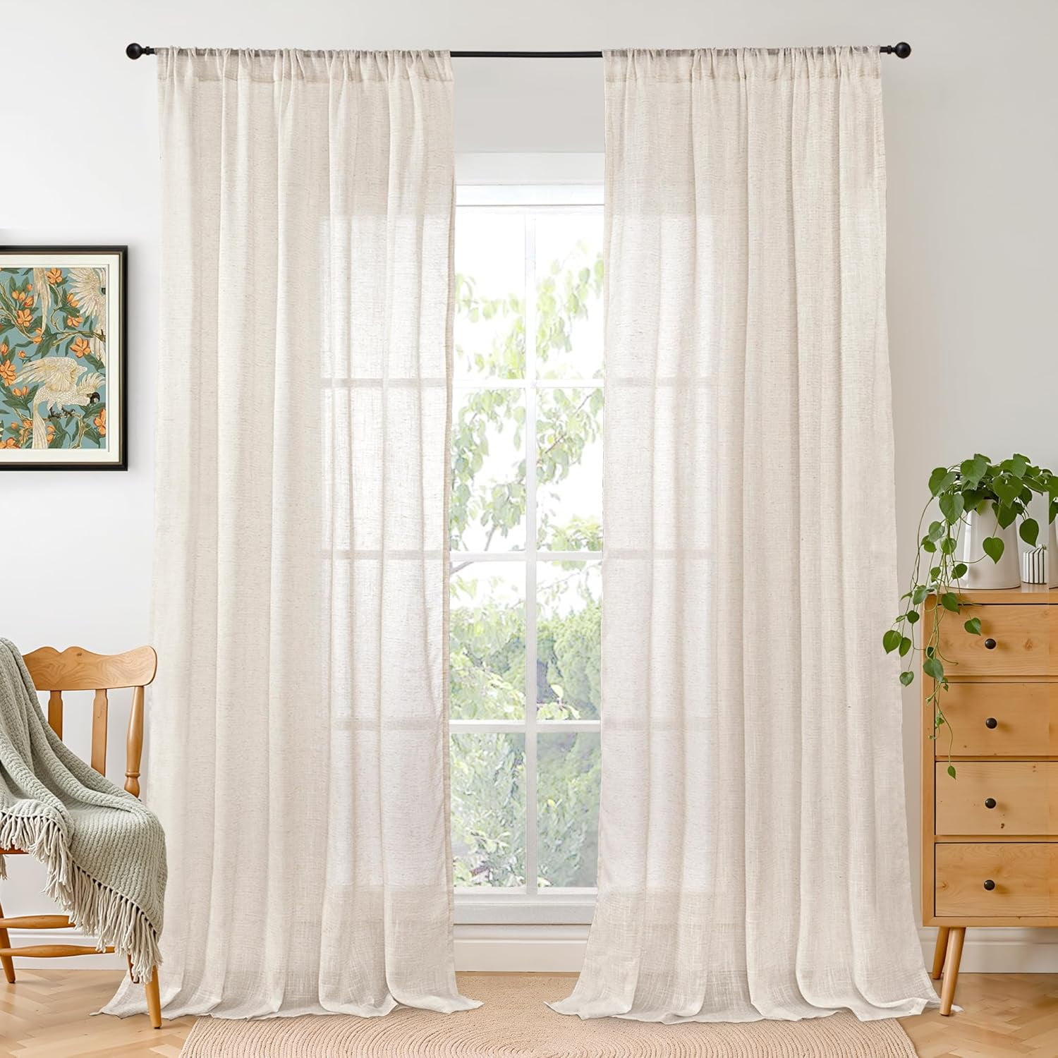 Linen Curtains 96 Inches Long for Living Room, Oatmeal Window Drapes Rustic Country Textured for Farmhouse Beroom Dining Room Decor Rod Pocket Lightweight, 2 Panels Set, Each 52 Inch Wide