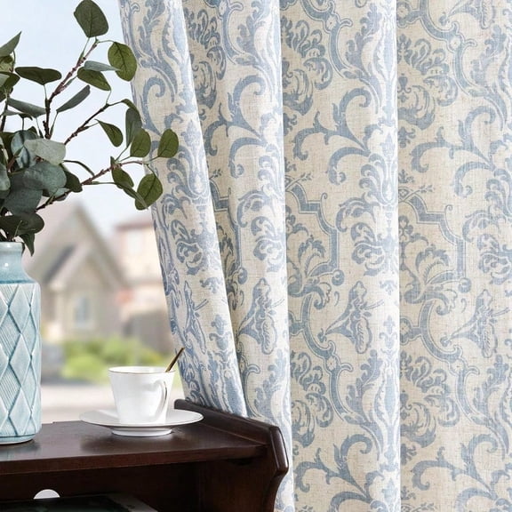 Linen Curtains for Bedroom Blue Curtains Damask Patterned 84 Inches Long for Living Room Light Filtering Vintage Curtains Baroque Style Drapes Grommet Window Treatments 2 Panels Set