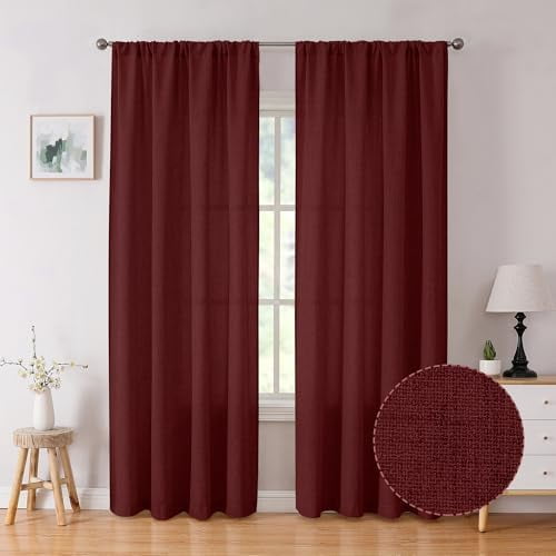 Linen Curtains Bedroom Rod Pocket Semi Sheer Curtain Burlap Light Filtering Thick Linen Drapes for Living Room, 54 x 84 inches Long, Burgundy Red, Set of 2 Panels