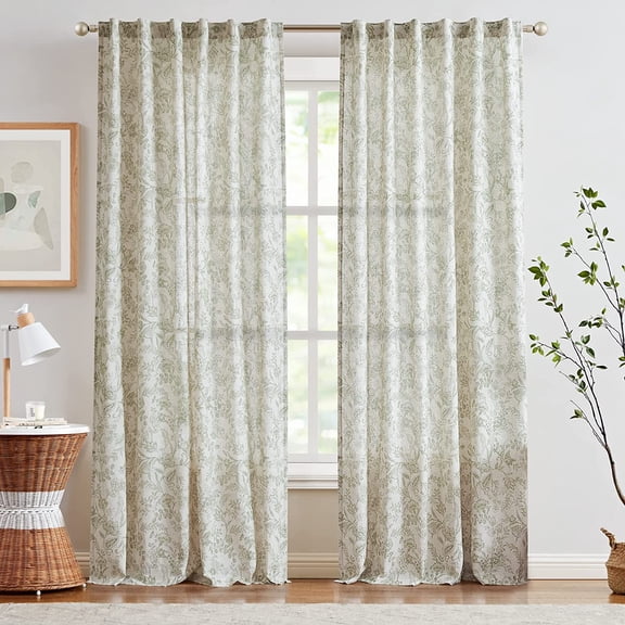 Linen Curtains Farmhouse Green Floral Print Curtains 84 Inches Long Back Tab Drapes for Living Room Bedroom Semi Sheer Patterned Country Vintage Curtains 2 Panels Set Rod Pocket Green on Beige