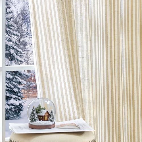 Linen Curtains for Living Room Beige Striped Curtains for Bedroom Ticking Stripe Pattern Light Filtering Farmhouse Cottage Core Rustic Grommet Window Treatment 2 Panels 84 inches Long