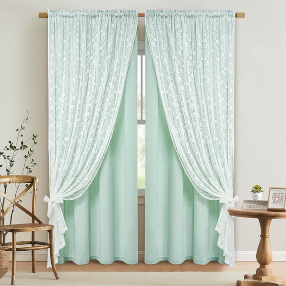Linen Curtains for Living Room, Double Layer Curtain 84 Inch Length 2 Panels, Farmhouse Rod Pocket Drapes with Tiebacks, Light Filtering Window Treatment for Bedroom, 52 x 84 Inch, Mint Green