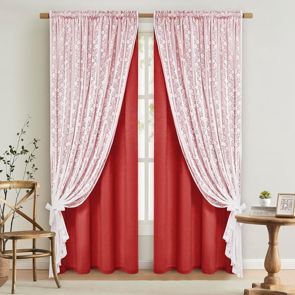 Linen Curtains for Living Room Double Layers Curtains for Bedroom Farmhouse Window Curtain with Linen Lace, Light Filtering Curtain 63 Inch Length, Rod Pocket Drape with 2 Tiebacks, Red