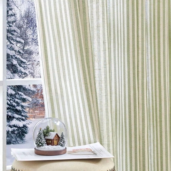 Linen Curtains for Living Room Green on Beige Striped Curtains for Bedroom Ticking Stripe Pattern Light Filtering Farmhouse Cottage Core Rustic Grommet Window Treatment 2 Panels 96 inches