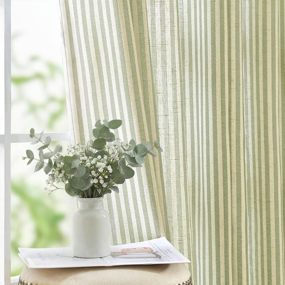 Linen Curtains for Living Room Sage Green on Beige Striped Curtains for Bedroom Ticking Stripe Pattern Light Filtering Farmhouse Cottage Core Rustic grommet Window Treatment 2 Panels 84 inches