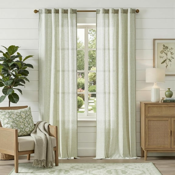 Linen Curtains for Living Room Sage Green Striped Curtains for Bedroom Ticking Stripe Pattern Light Filtering Drapes Cottage Core Farmhouse Rustic Back Tab Window Treatment 2 Panels 38W x 96L