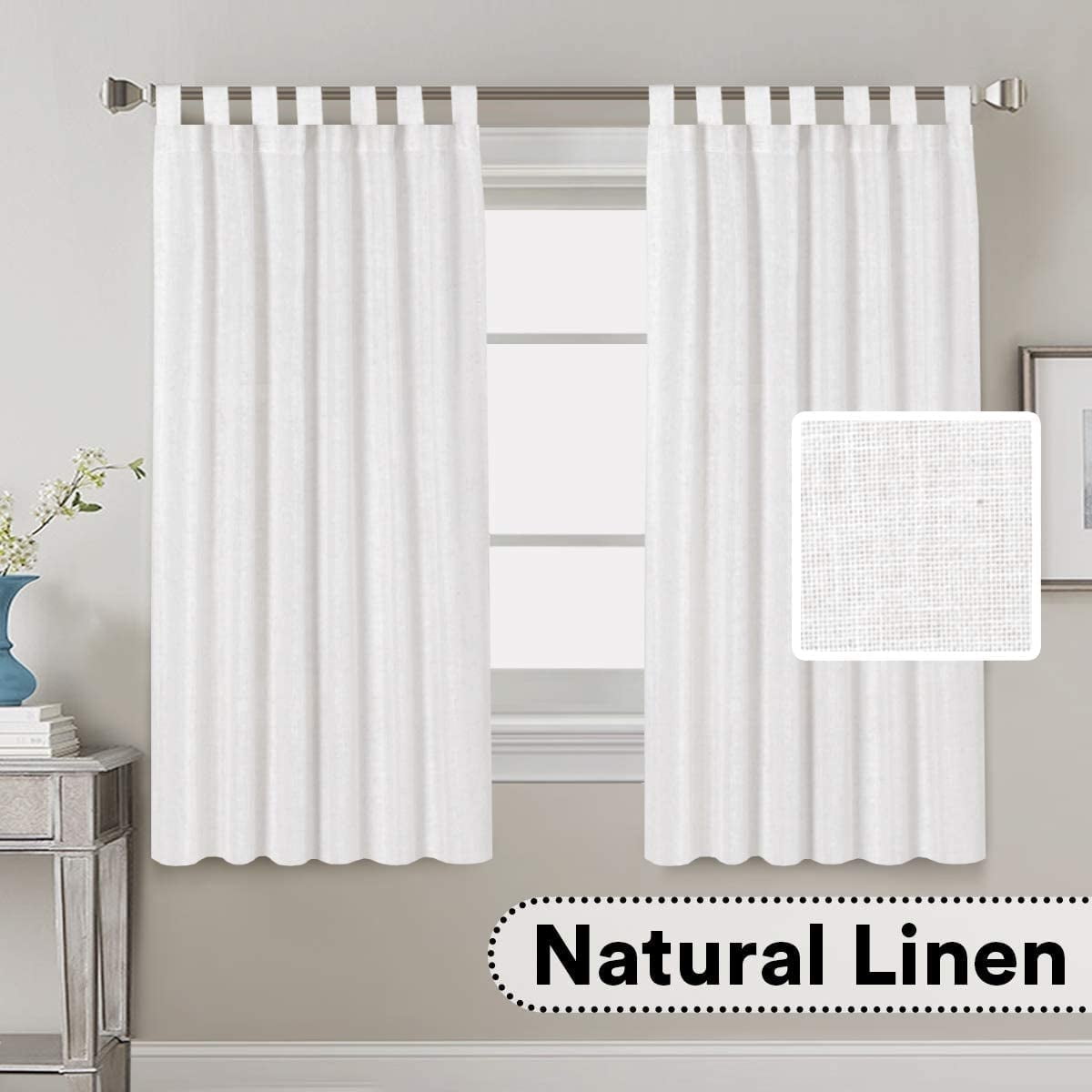 PrimeBeau Linen Tab Top Light Filtering Curtains, Set of 2, 52" x 63", Pure White