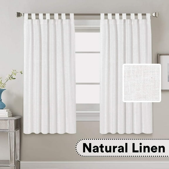 PrimeBeau Linen Tab Top Light Filtering Curtains, Set of 2, 52" x 63", Pure White