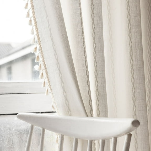 NixiYa Linen Curtains White Boho Curtains Semi-Blackout Window Curtains Rod Pocket Drapes 52 x 84 inches 1 Pannel