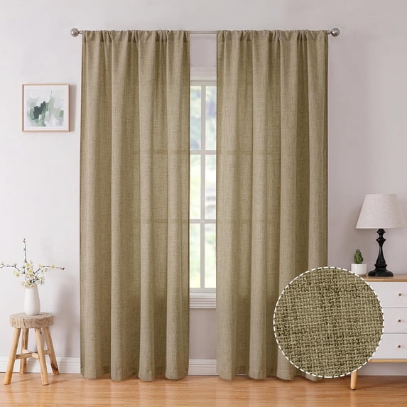 Linen Curtains for Living Room, Rod Pocket Semi Sheer Burlap Drapes ...